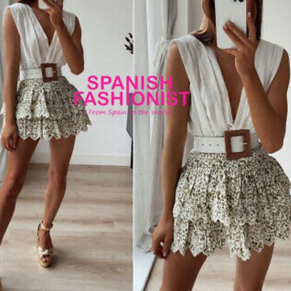 Zara woman printed skirt ruffled green white M - Picture 2 of 9